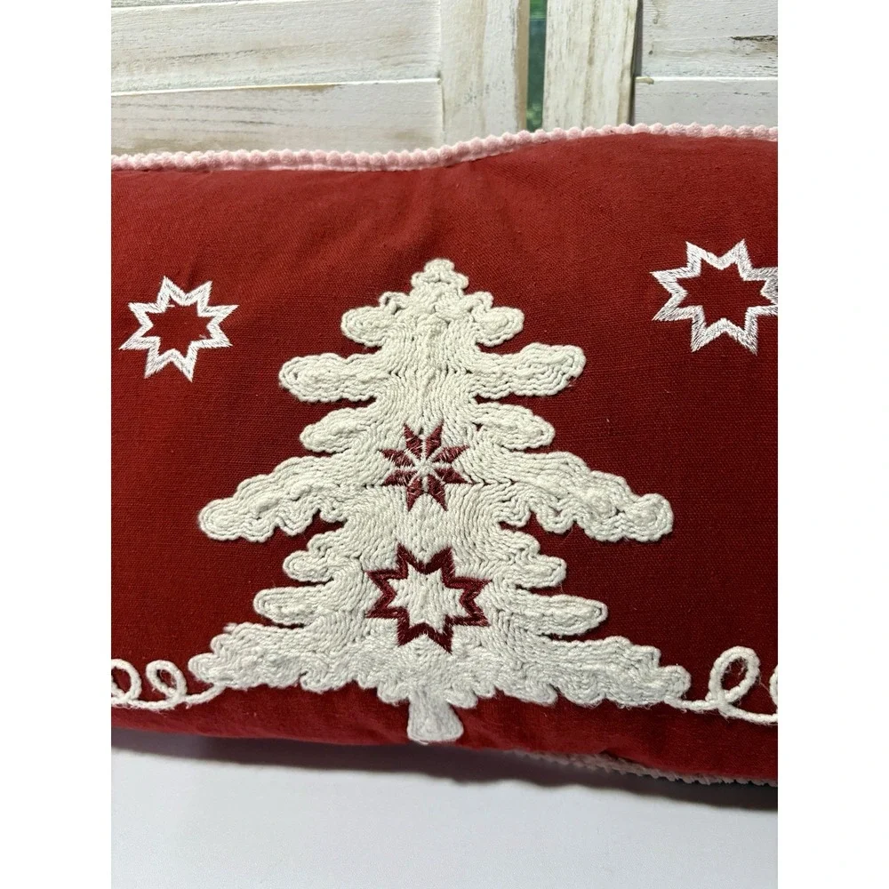 Secret Celebrity Christmas Tree Reindeers Red White Embroidered 14x32 Pillow